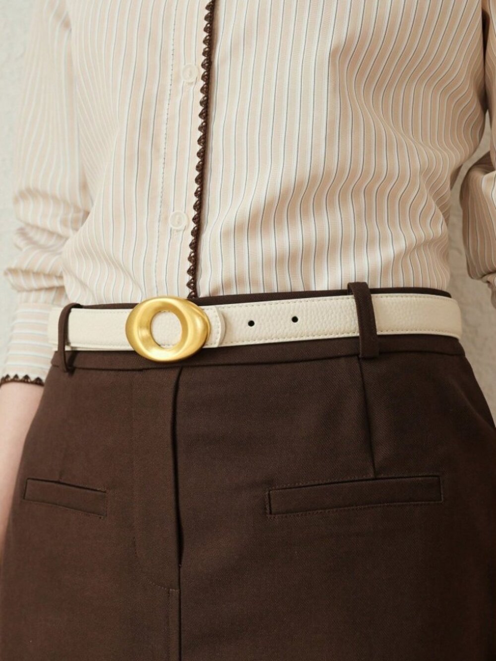 Ivory Grained Vegan Leather Belt with Oversized Gold O-Ring Buckle